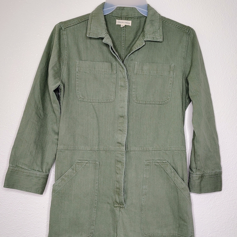 Tradlands Avocado Green Cotton Utility Jumpsuit Sz L - Picture 4 of 16